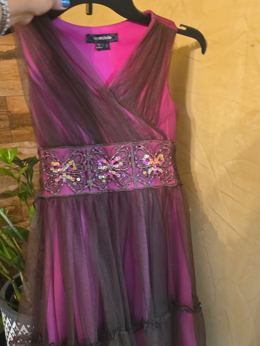 Girls' Fuchsia and Brown Embellished Tulle Party Dress